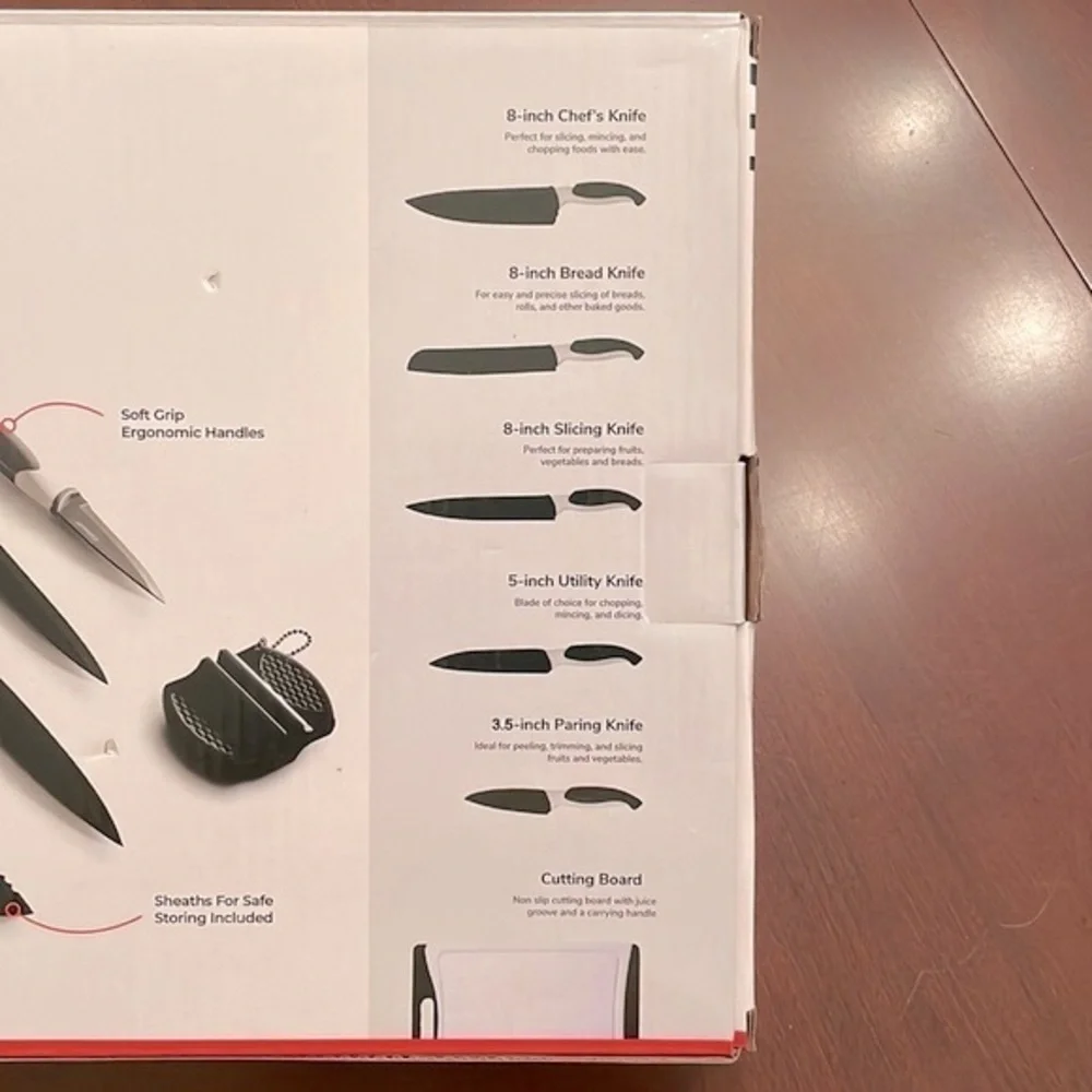 Brand New 12 Piece Kitchen Knife Set Safety Sheaths Cutting Board Sharpener